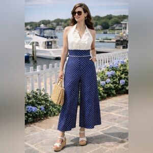 Vintage late 60’s /early 70’s- halter style Polka Dot Jumpsuit - polyester- XS/S